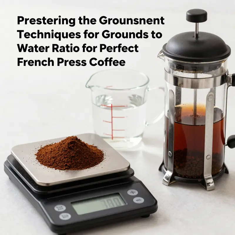A French press setup showcasing the precision needed for the ideal grounds to water ratio.