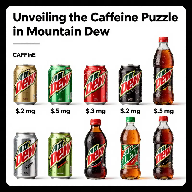 Caffeine content infographic showcasing different container sizes of Mountain Dew.