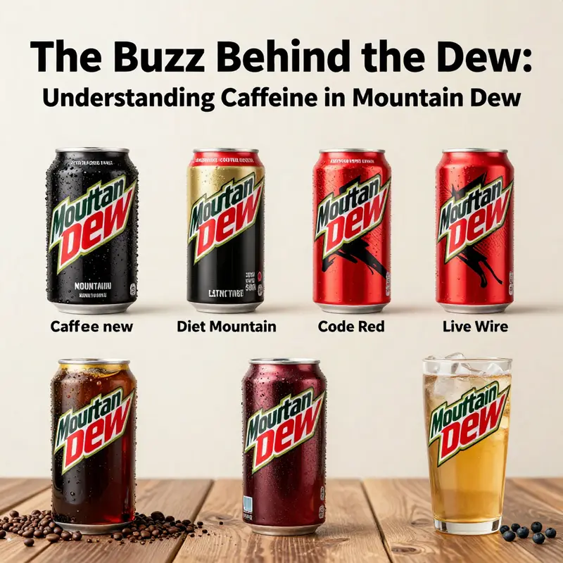 Illustration of the varying caffeine levels in different Mountain Dew products.