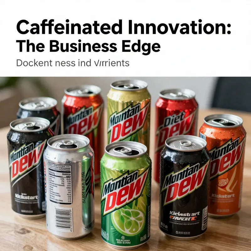 A display of various Mountain Dew variants illustrating their caffeine content.
