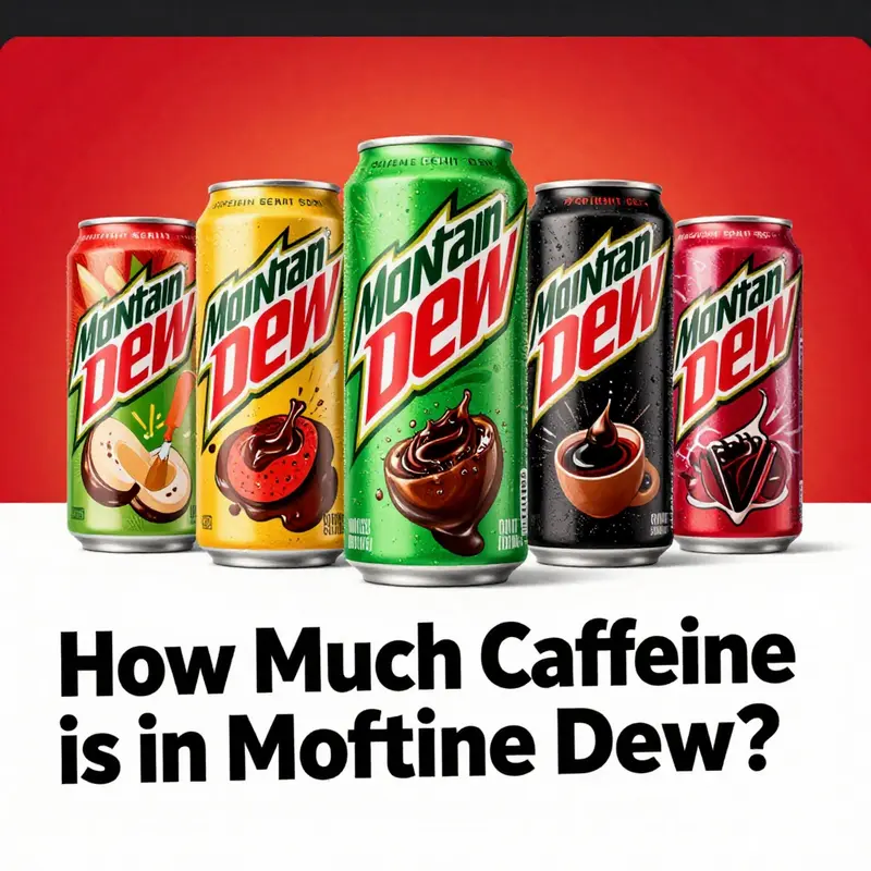 Colorful display of Mountain Dew flavors with a focus on caffeine content in a banner format.