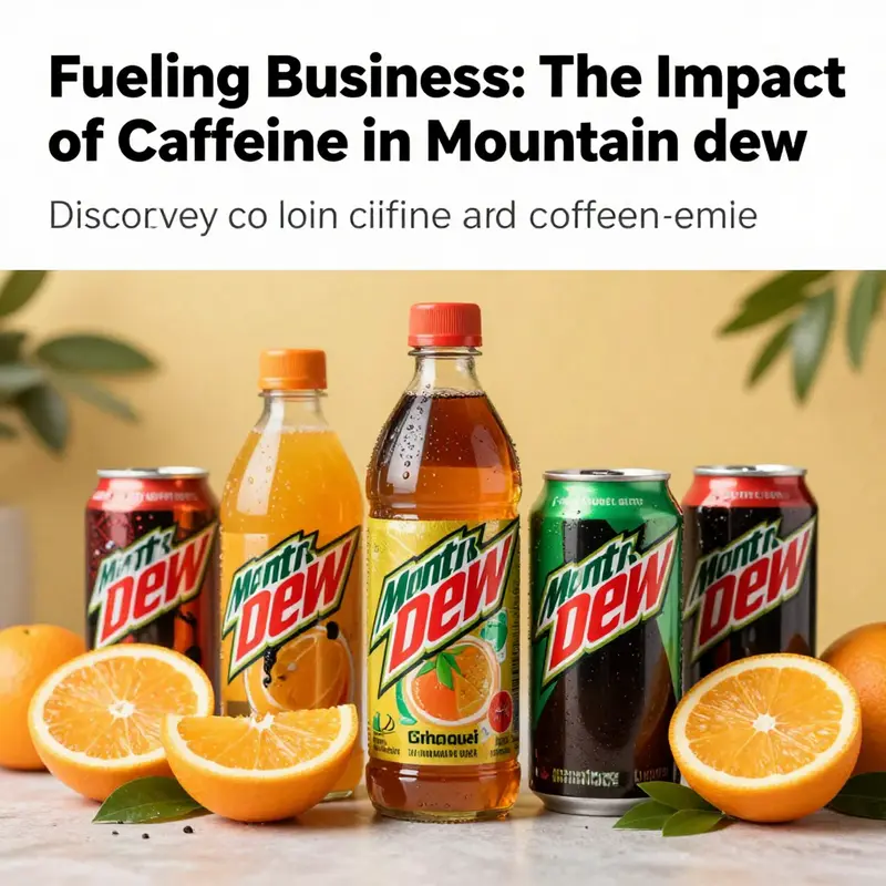 A colorful display of various Mountain Dew products emphasizing their branding and caffeine content.
