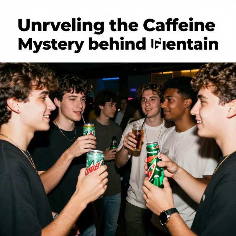 A vivid representation of Mountain Dew highlighting its caffeine content.