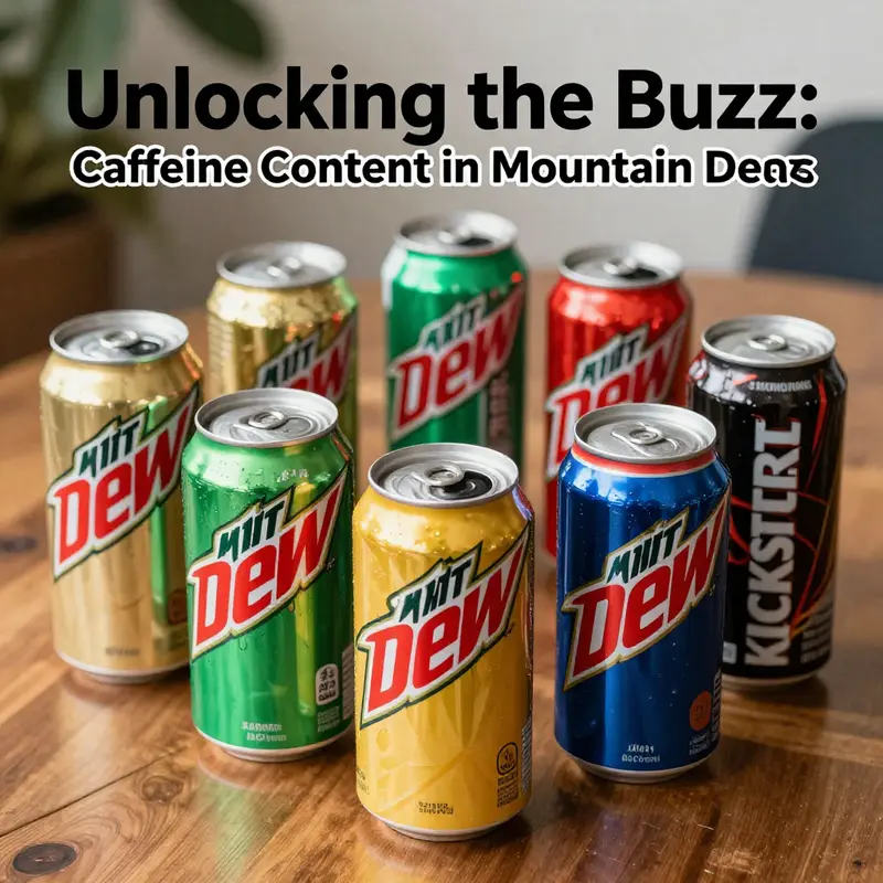 An array of Mountain Dew variants showcasing their caffeine content.