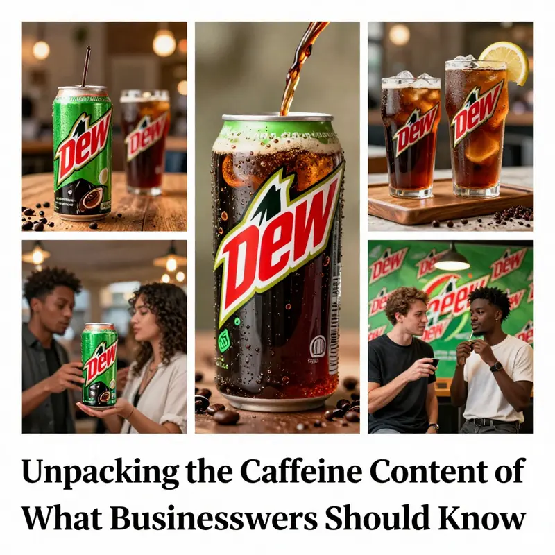 Collage illustrating various Mountain Dew products, consumers, and marketing themes in relation to caffeine.