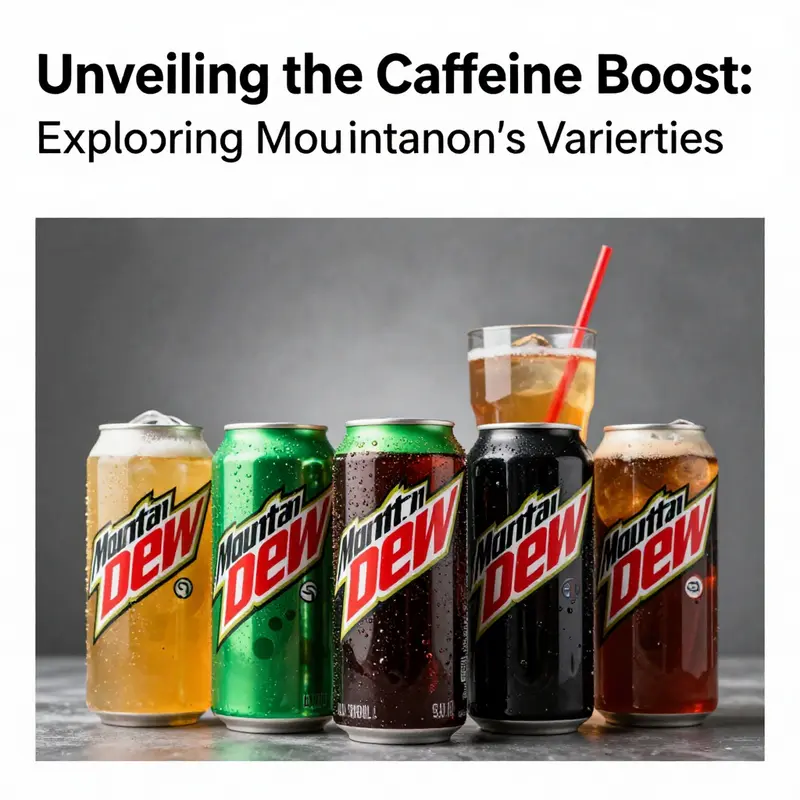 A photo-realistic montage of Mountain Dew beverages illustrating their unique styles and caffeine focus.