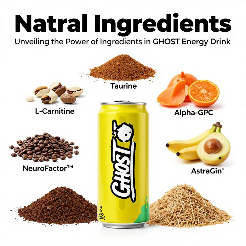 Core natural ingredients of GHOST Energy Drink showcased for an eye-catching overview.