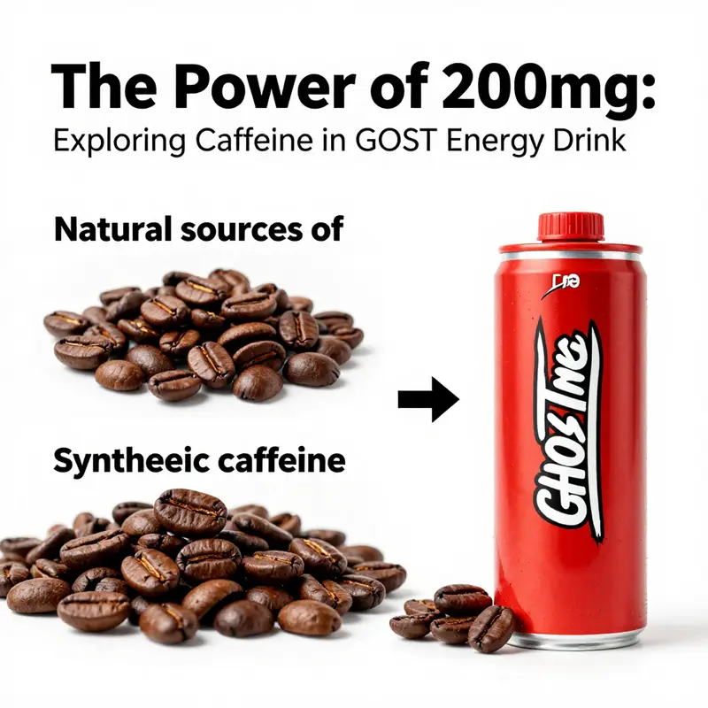 Detailed nutritional breakdown highlighting the 200mg caffeine content of GHOST Energy Drink.