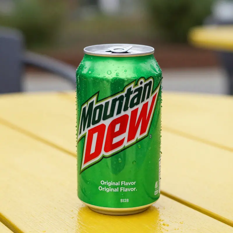 Original Mountain Dew can highlighting its caffeine content.