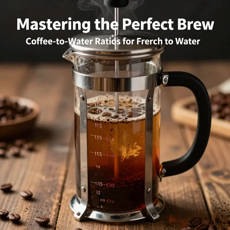 Standard French press ratio of coffee to water, demonstrating the harmony of coffee and water in brewing.