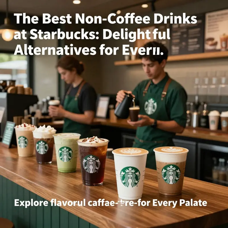 A scene inside a Starbucks café showing baristas at work, with a focus on non-coffee drink preparations.