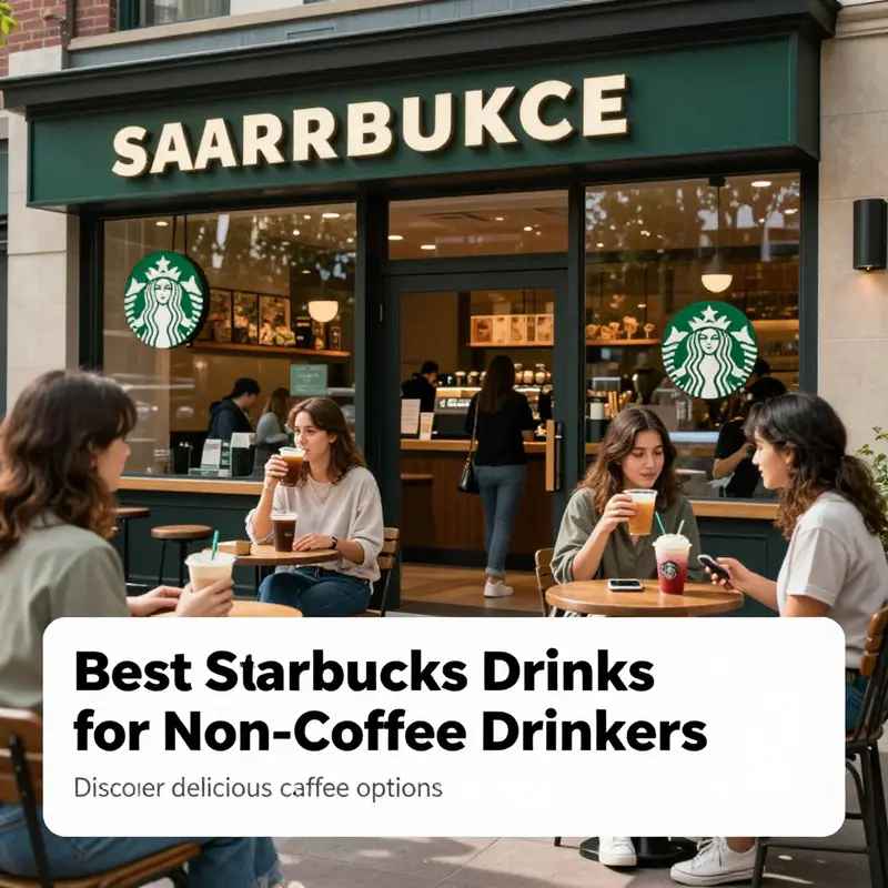 An engaging Starbucks store facade with customers enjoying non-coffee drinks outside.