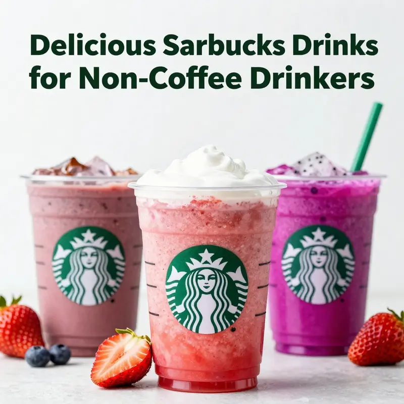 An assortment of popular non-coffee drinks available at Starbucks.