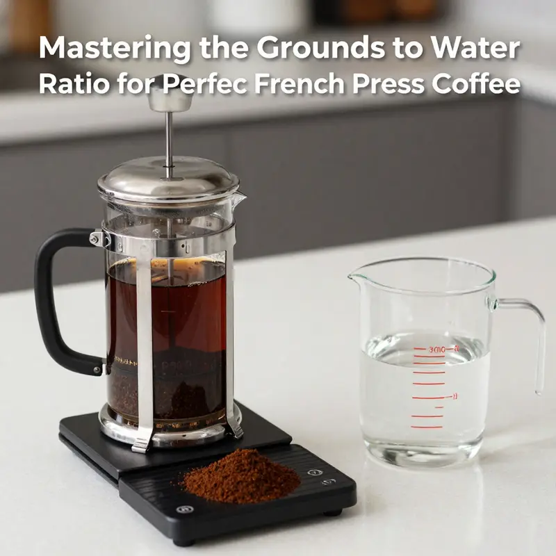 A French press setup showcasing the precision needed for the ideal grounds to water ratio.