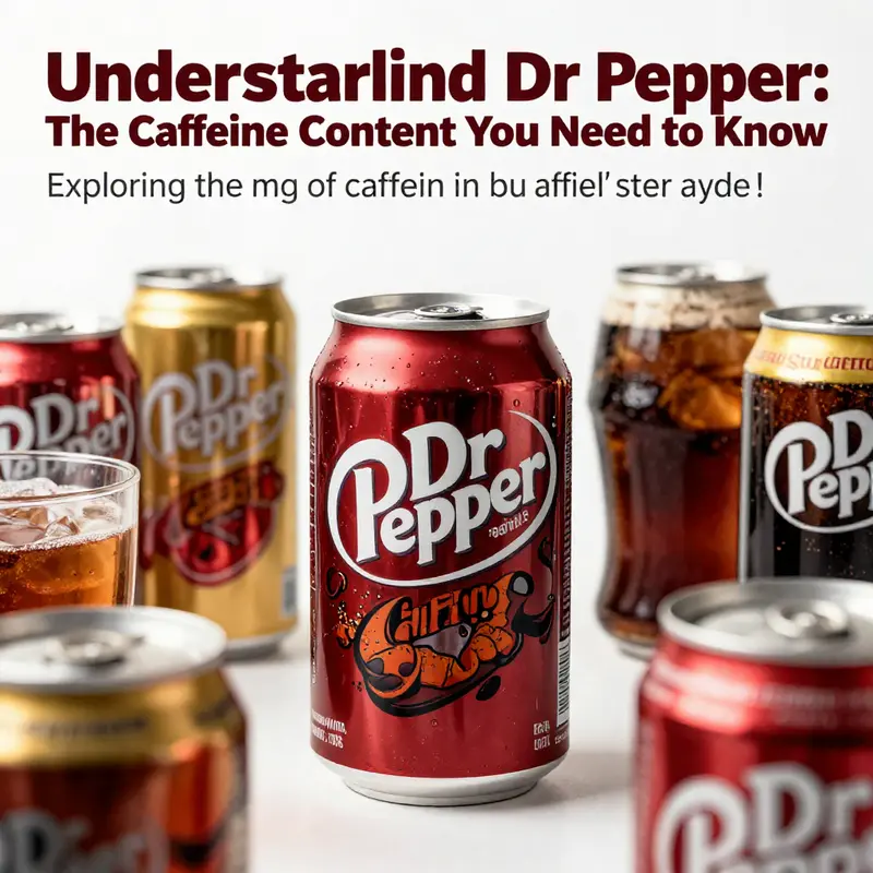 An array of colorful soft drink cans, with Dr Pepper highlighted for its caffeine content.