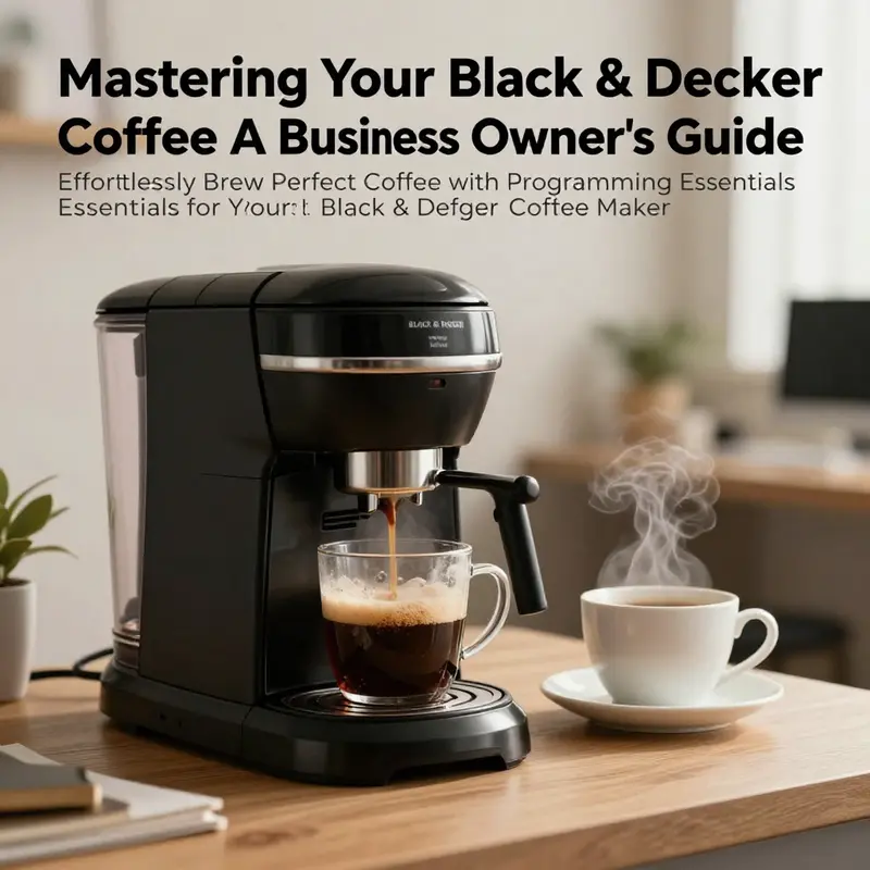 Black & Decker coffee maker in an office, brewing coffee with cups and steam rising.