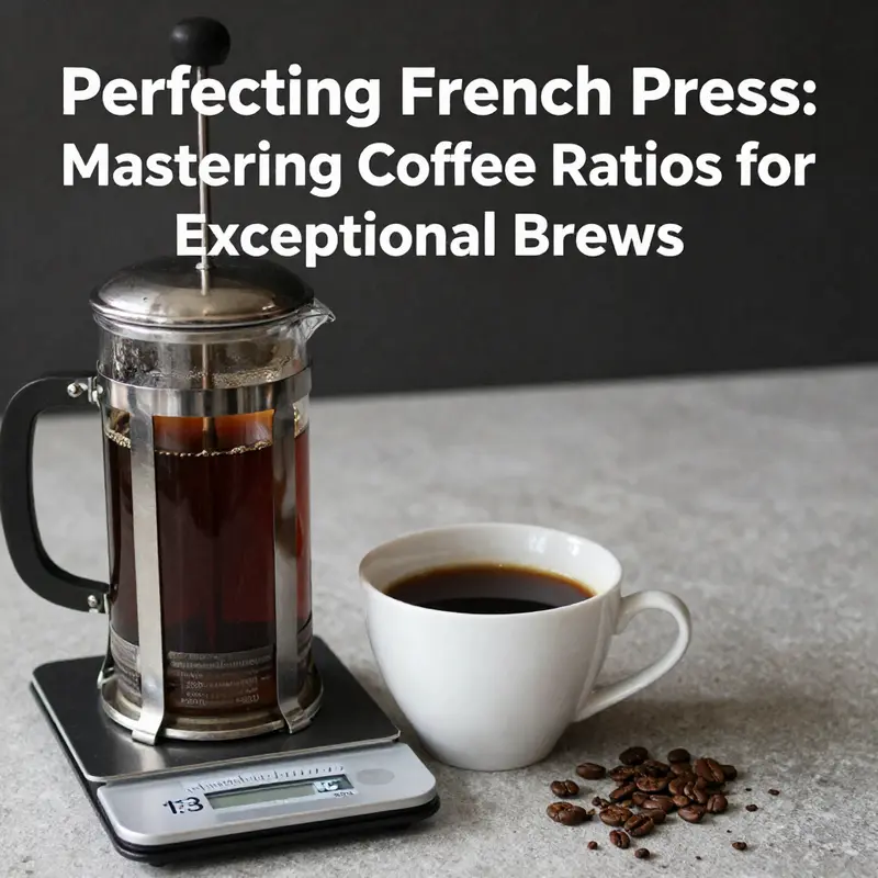 Coffee beans and French press demonstrating the standard 1:15 coffee-to-water ratio.