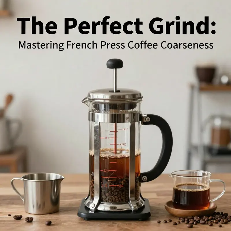 Illustration of coffee grind sizes demonstrating the coarseness suitable for French press brewing.