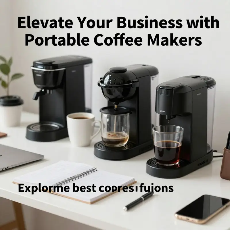 Workspace featuring various travel coffee makers along with business items, emphasizing coffee culture in business.