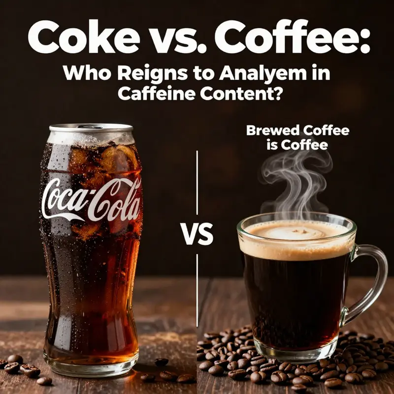 Infographic showing caffeine content comparison between Coca-Cola and brewed coffee.
