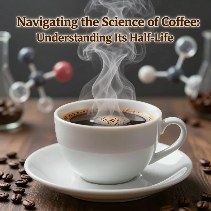 A steaming cup of coffee with scientific elements, representing the exploration of coffee's half-life.