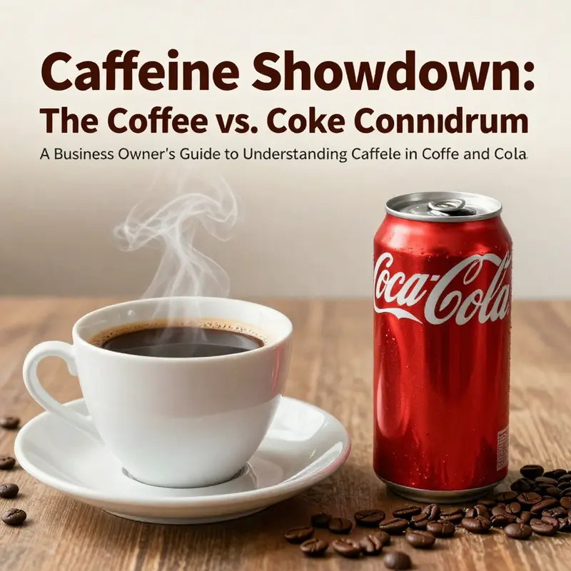 A steaming cup of coffee alongside a can of Coke, illustrating their caffeine comparison.