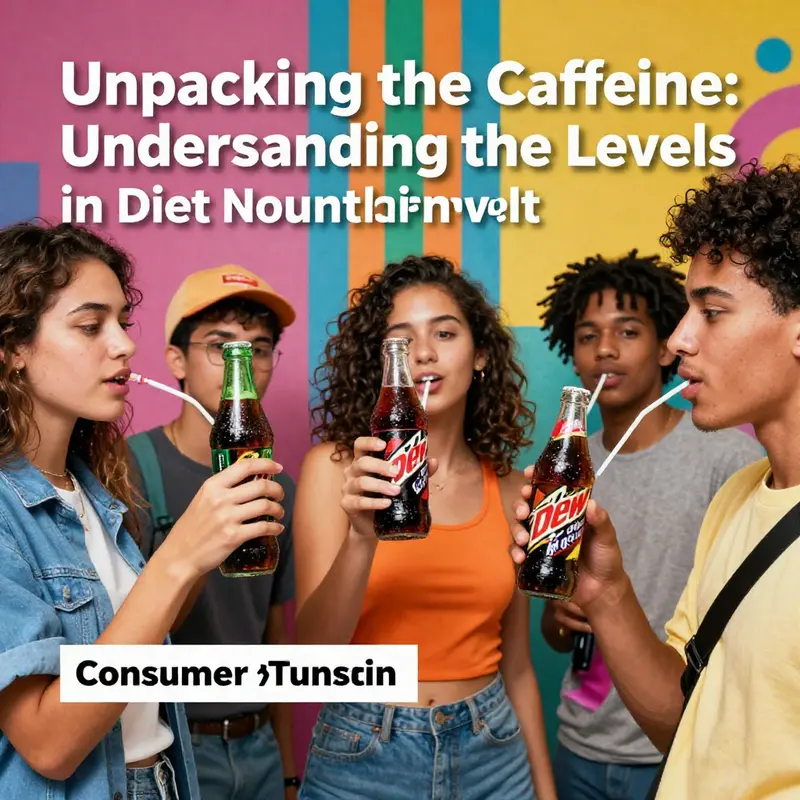 Infographic detailing the caffeine content in Diet Mountain Dew against other popular beverages.