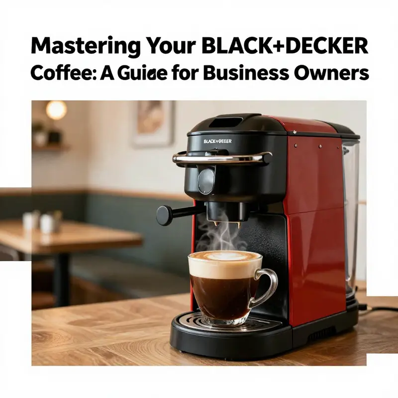 A steaming cup of coffee next to a BLACK+DECKER coffee maker in a cafe.