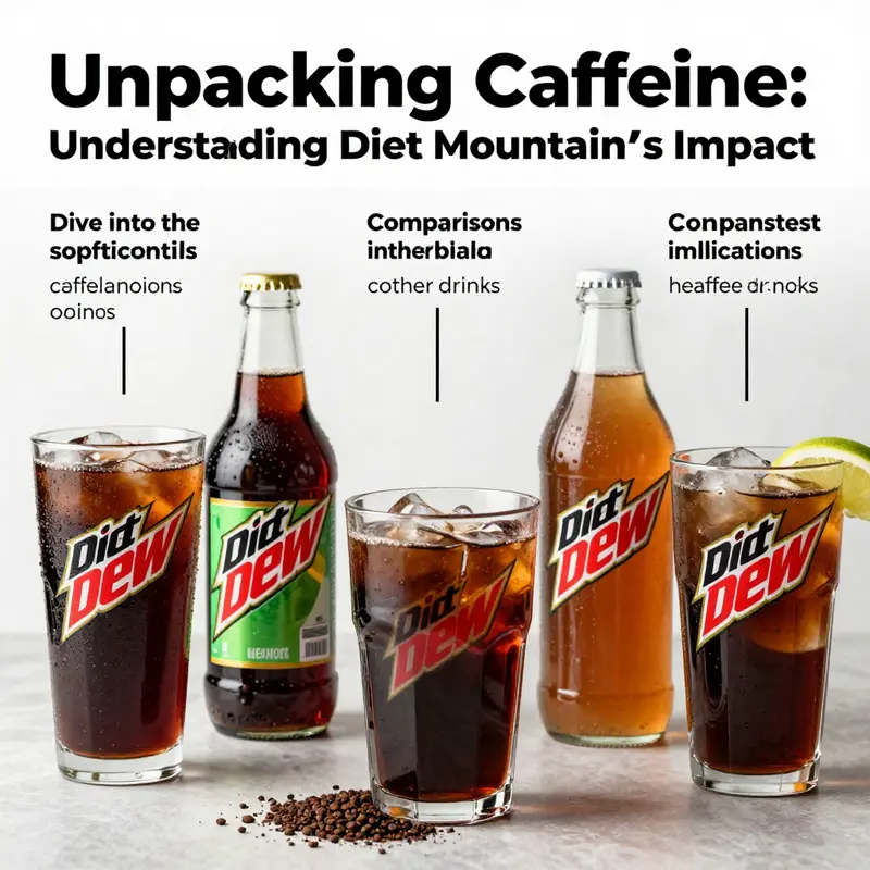 A visually appealing layout displaying various soft drinks and their caffeine content, focusing on Diet Mountain Dew.