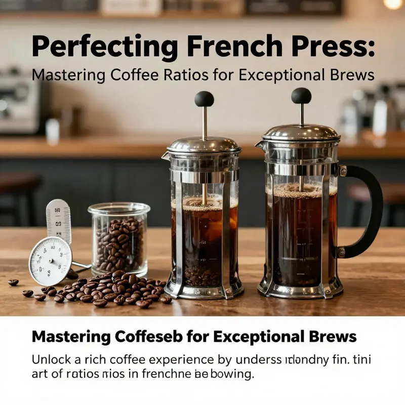 An aesthetically pleasing arrangement of French press equipment and coffee beans, emphasizing coffee brewing ratios.
