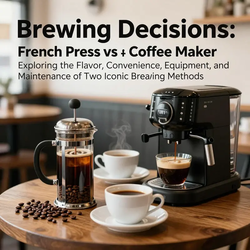 Image of a café table displaying a French press next to an automatic coffee maker with coffee-themed decorations, enhancing the article's focus on coffee brewing.