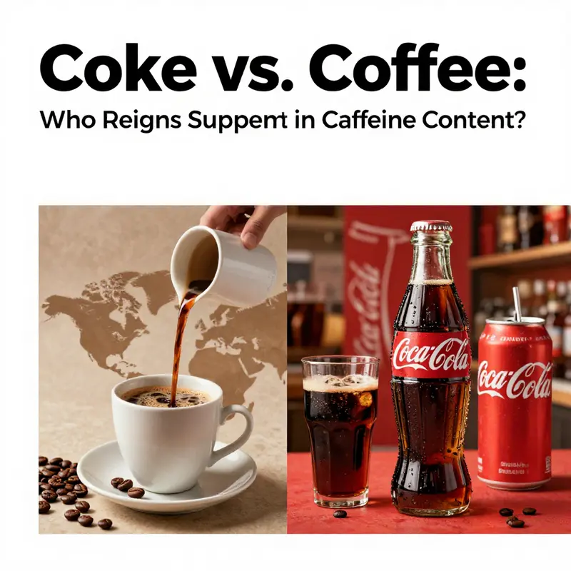 Infographic showing caffeine content comparison between Coca-Cola and brewed coffee.