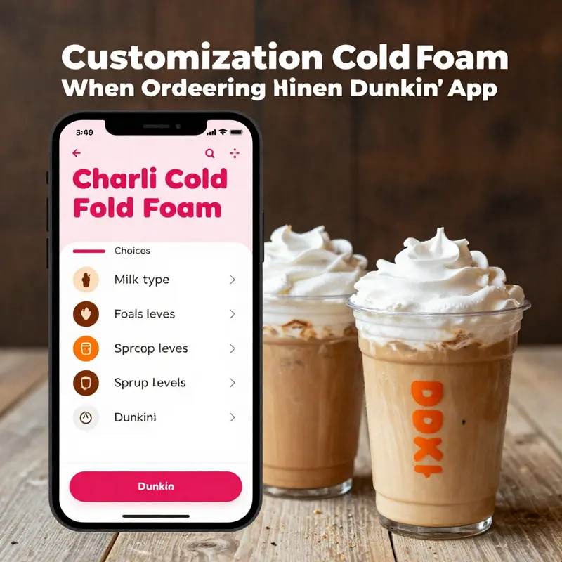 A simplified user interface illustration of the Dunkin’ app, guiding users through the Charli Cold Foam ordering process.