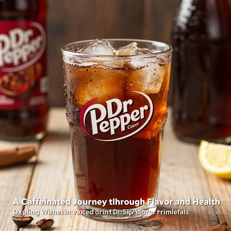 Colorful display of Dr Pepper logo with a glass and some key ingredients.
