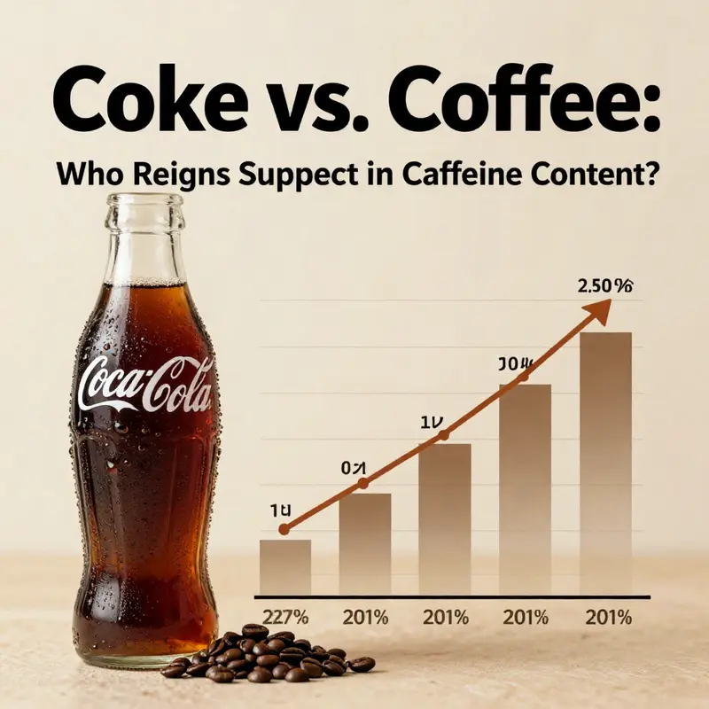 Infographic showing caffeine content comparison between Coca-Cola and brewed coffee.