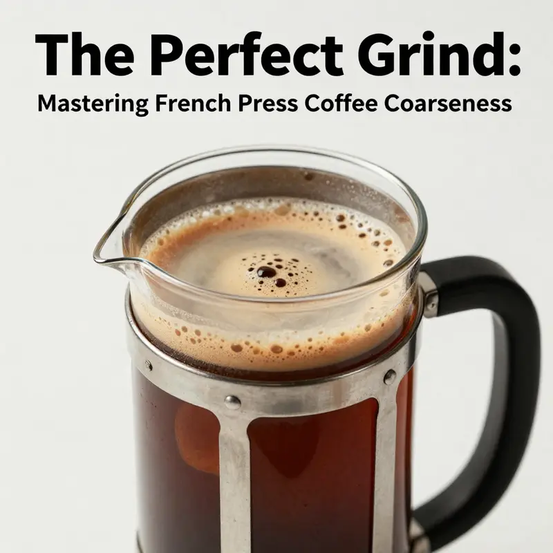 Vibrant image of French press coffee with rich crema and coarse coffee grounds.