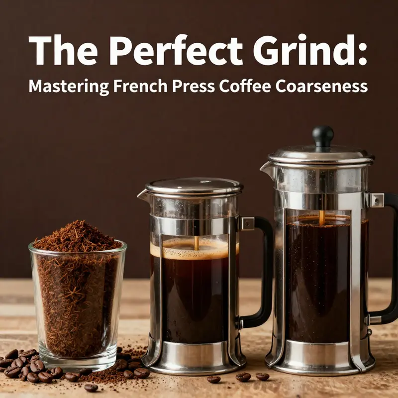 Illustration of coffee grind sizes demonstrating the coarseness suitable for French press brewing.