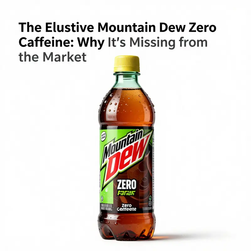 A display showcasing Mountain Dew products, highlighting the absence of a caffeine-free variant.