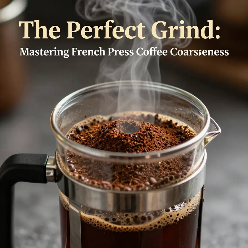 Illustration of coffee grind sizes demonstrating the coarseness suitable for French press brewing.