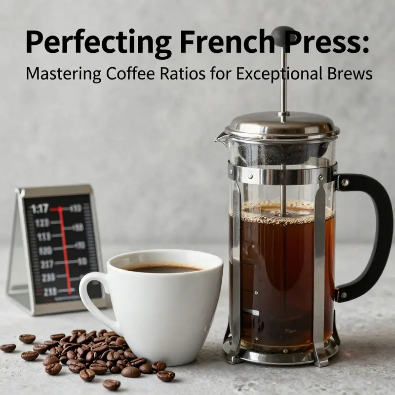 Coffee beans and French press demonstrating the standard 1:15 coffee-to-water ratio.