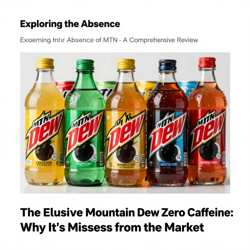 A display showcasing Mountain Dew products, highlighting the absence of a caffeine-free variant.