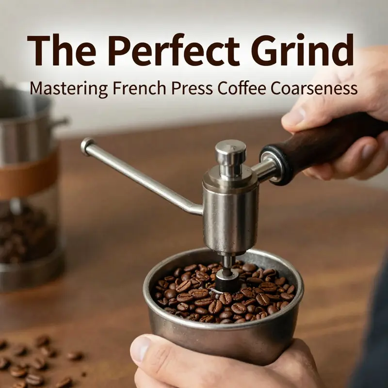 Illustration of coffee grind sizes demonstrating the coarseness suitable for French press brewing.