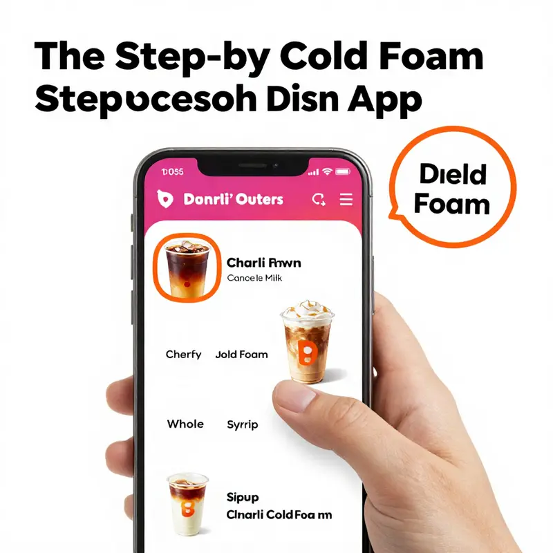 A simplified user interface illustration of the Dunkin’ app, guiding users through the Charli Cold Foam ordering process.