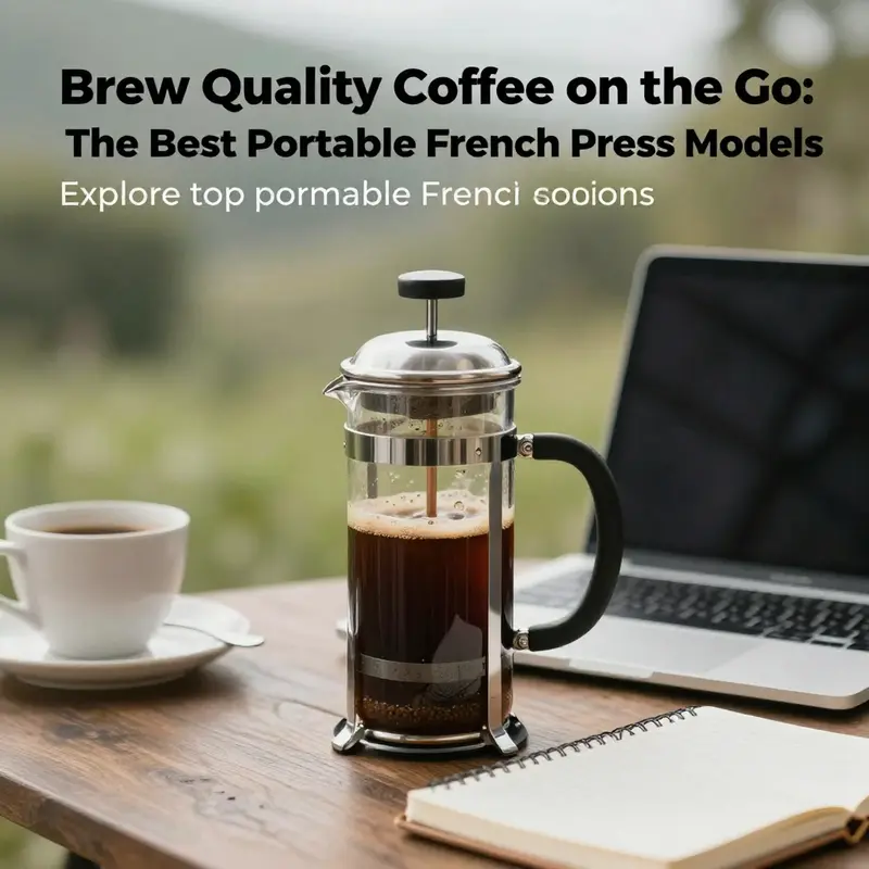 A serene outdoor workspace with a portable French press, a laptop, and coffee, illustrating coffee culture for professionals.
