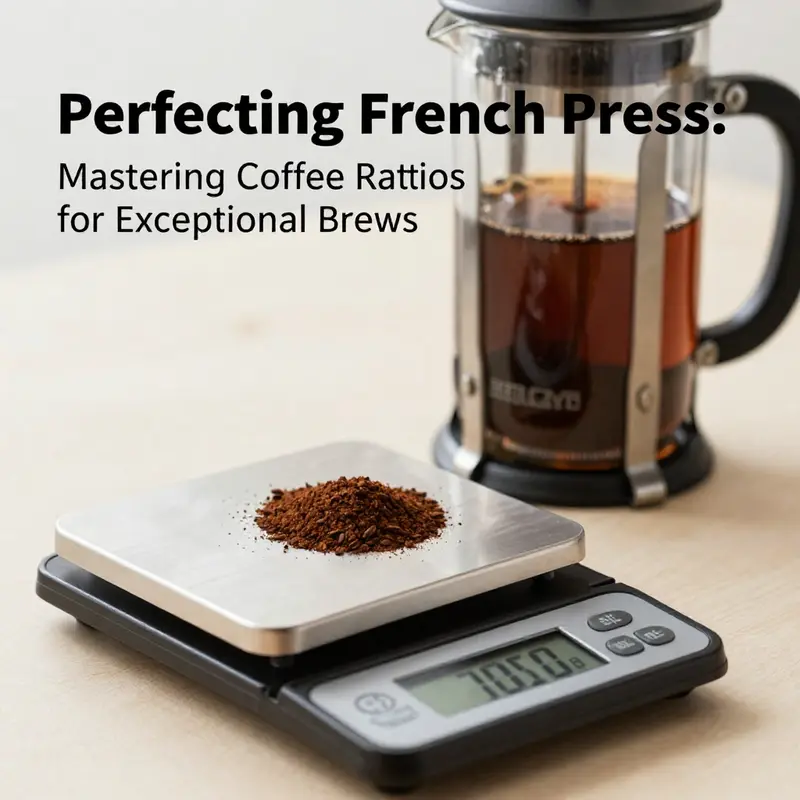 Coffee beans and French press demonstrating the standard 1:15 coffee-to-water ratio.