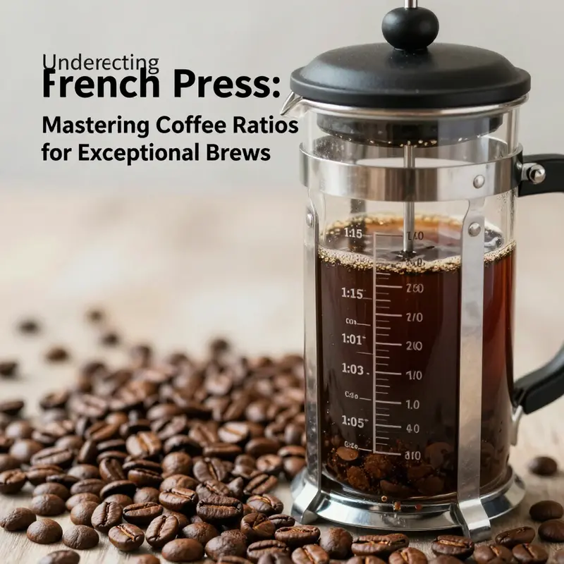Coffee beans and French press demonstrating the standard 1:15 coffee-to-water ratio.