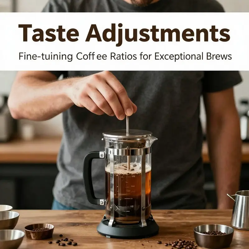 Coffee beans and French press demonstrating the standard 1:15 coffee-to-water ratio.