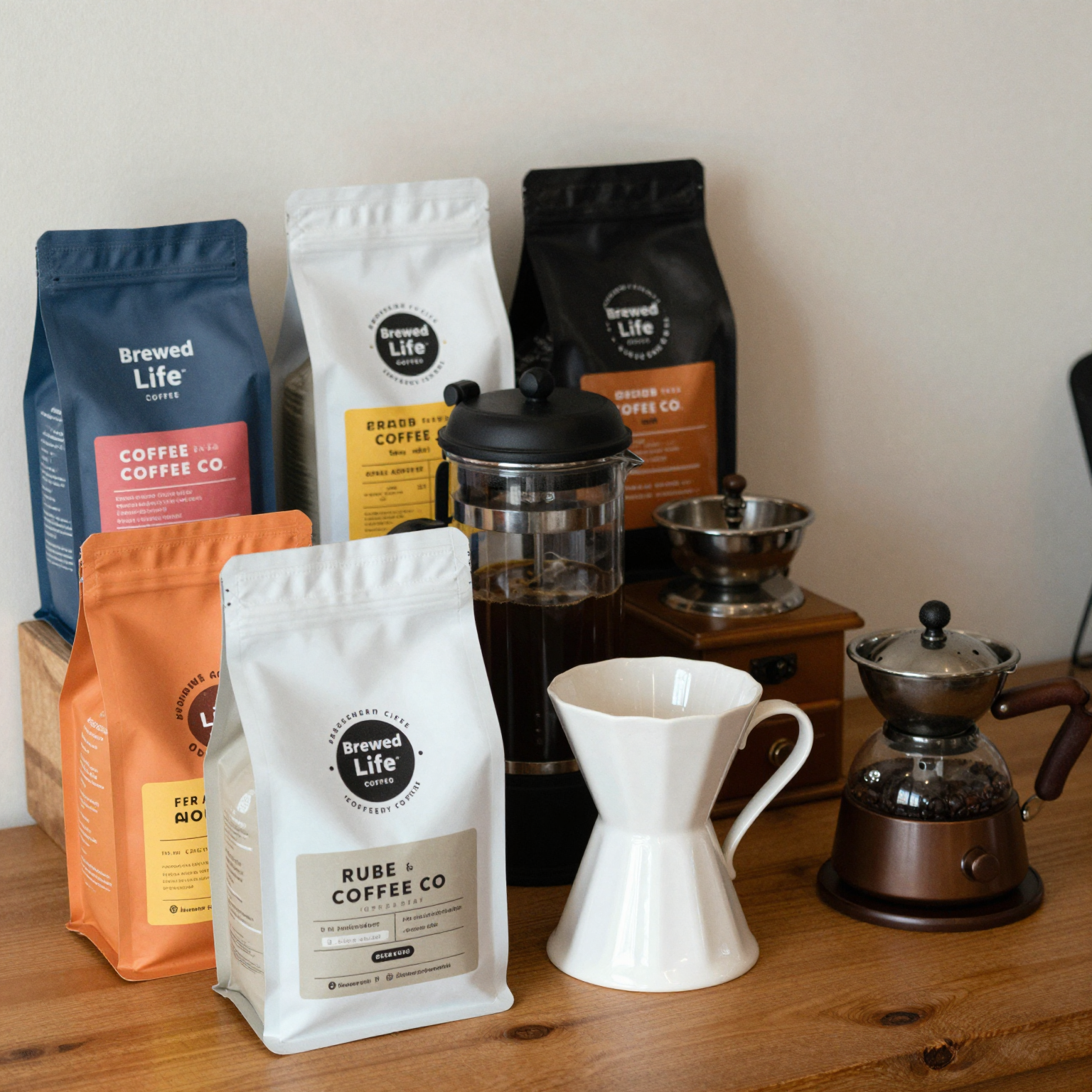 An engaging image of coffee bags and brewing equipment representing Brewed Life Coffee Co.