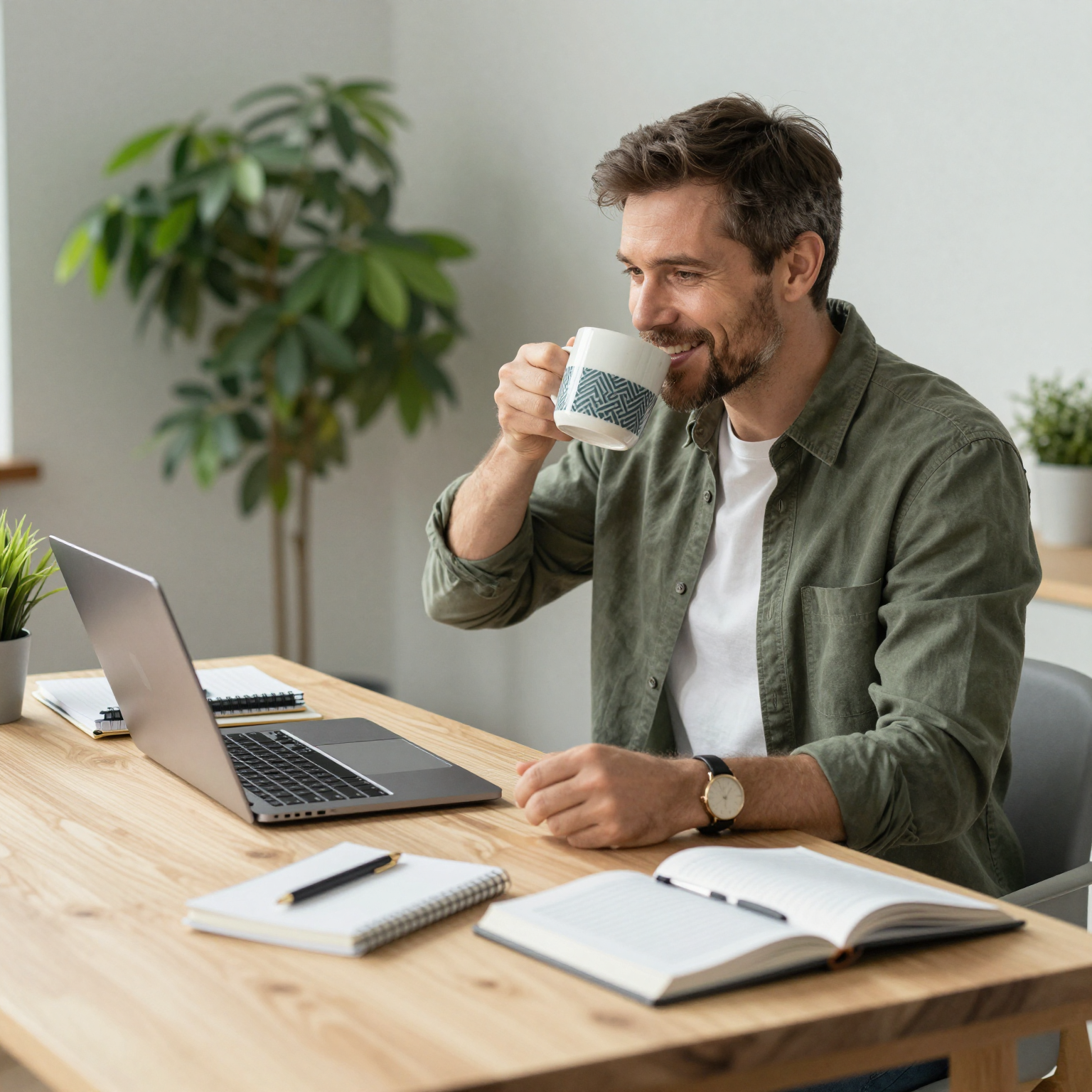Business owner enjoying coffee with protein powder