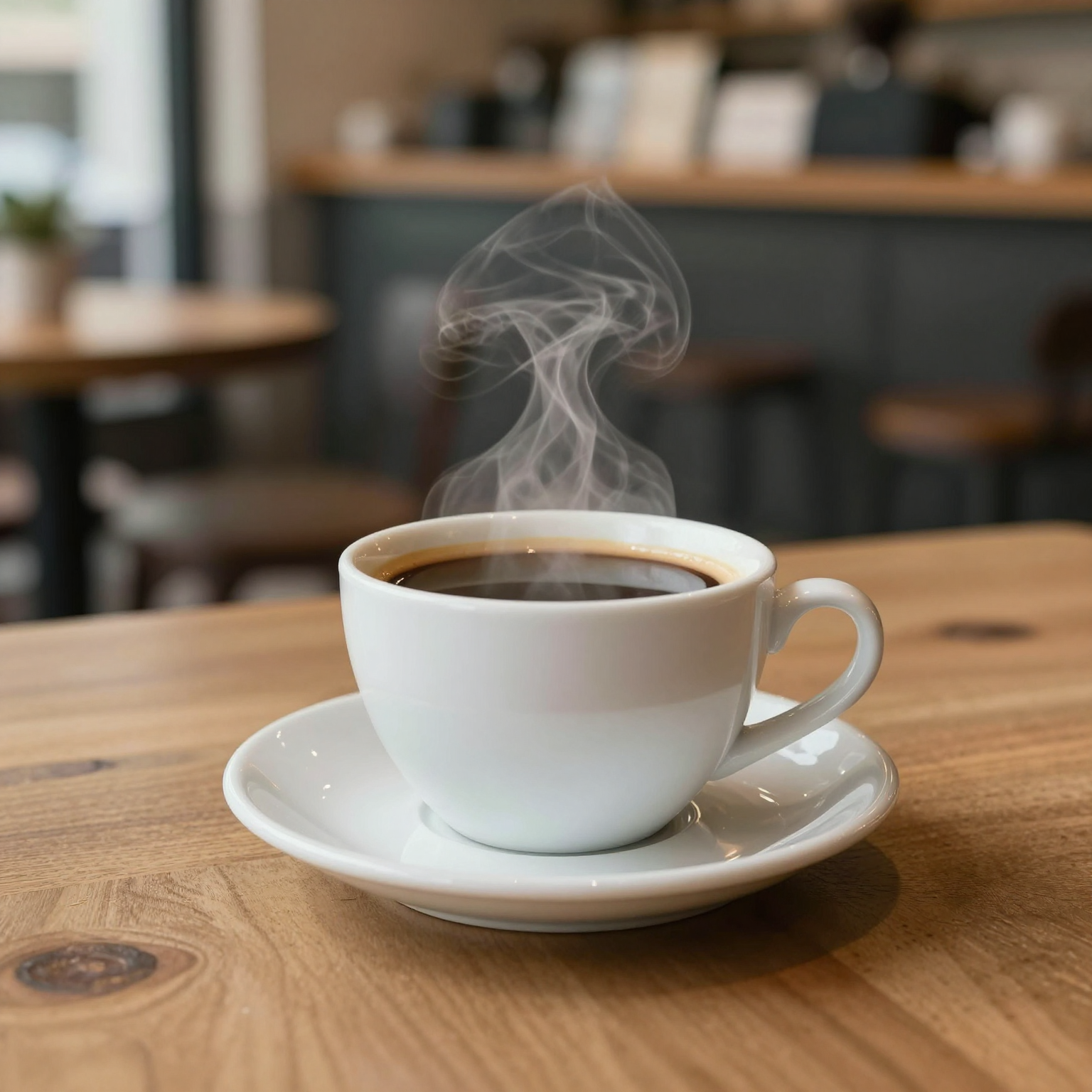 A steaming cup of coffee on a wooden table